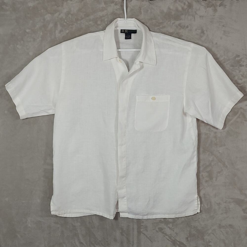 R&R Casuals Men's X-Large Shirt 100% Linen S/S White Camp Collar Hidden Placket